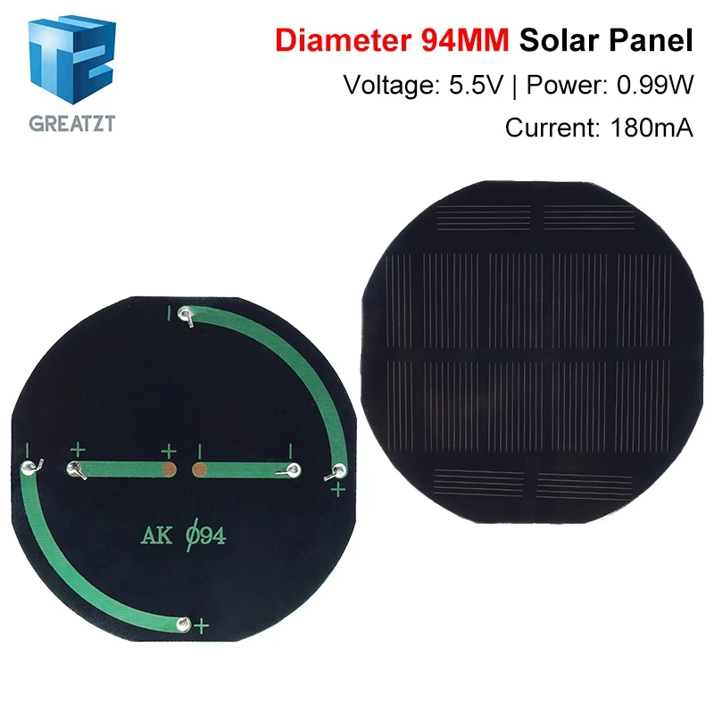 GREATZT 5.5V 180mA Solar Panel Polycrystalline 94*94MM 0.99W Mini Sunpower Solar System DIY for Battery Cell Phone Charger