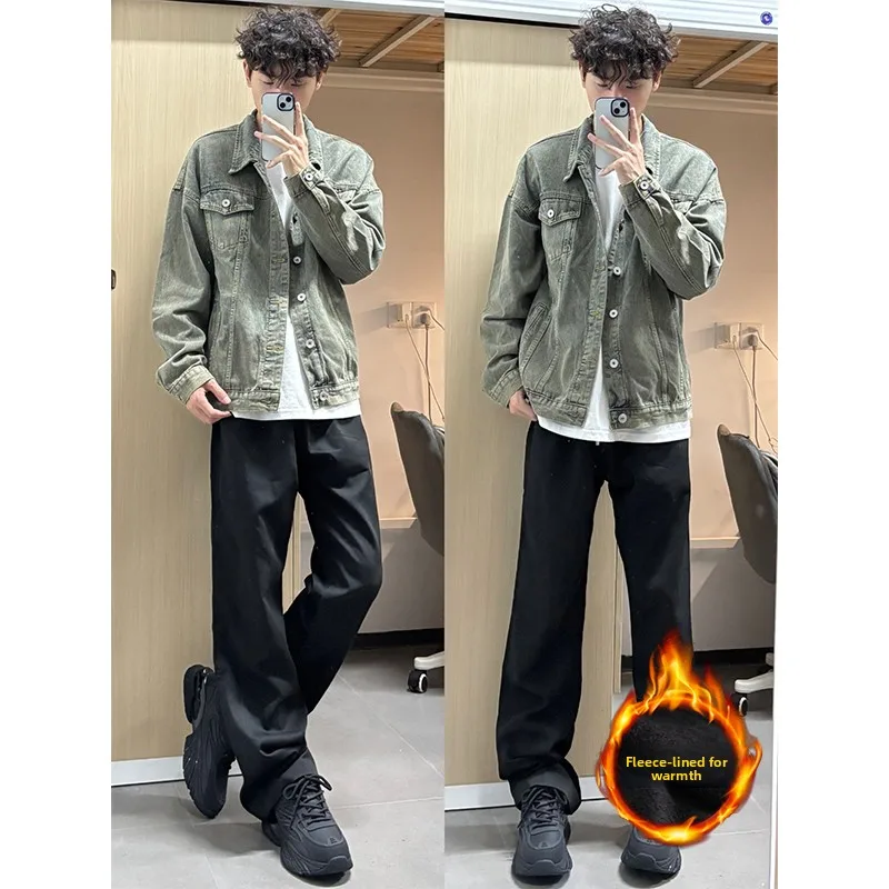 

Cleanfit Bla Fce Lined Men's Suit Pants Long Straight Leg Slimming Trousers for Tall Guys Autumn Winter Faion
