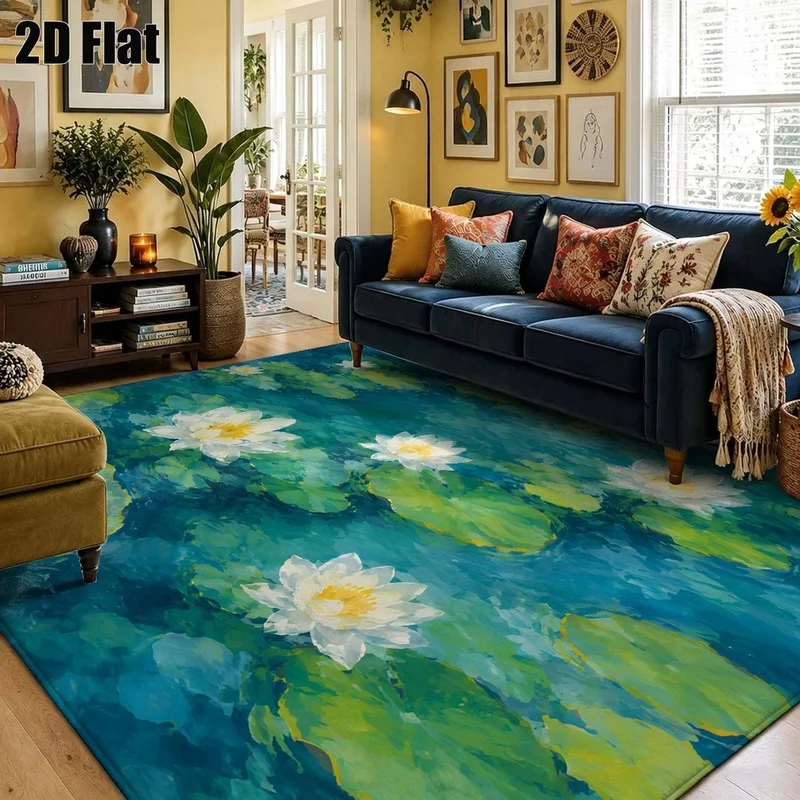 1Pc French Pastoral Water Lily Printed Carpet, Bohemian Style Decorative Carpet, Suitable for Living Room, Bedroom, Dining Room, Bedside, Indoor and Outdoor Patio, Home Decoration Accessories