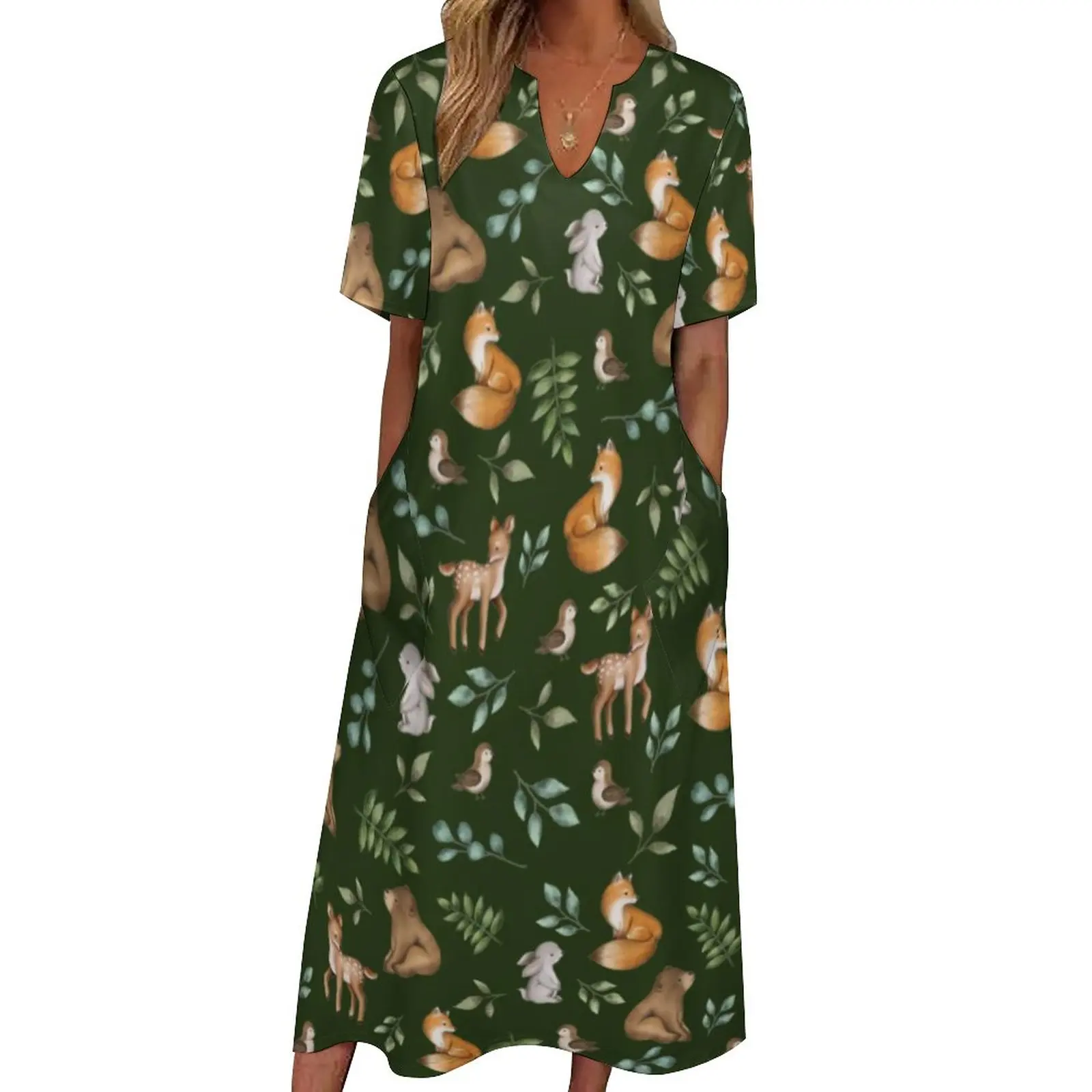 Waldtiere drucken Kleid grün Wald Kawaii Maxi kleid Streetwear Boho Strand lange Kleider Sommer V-Ausschnitt Design Vestidos