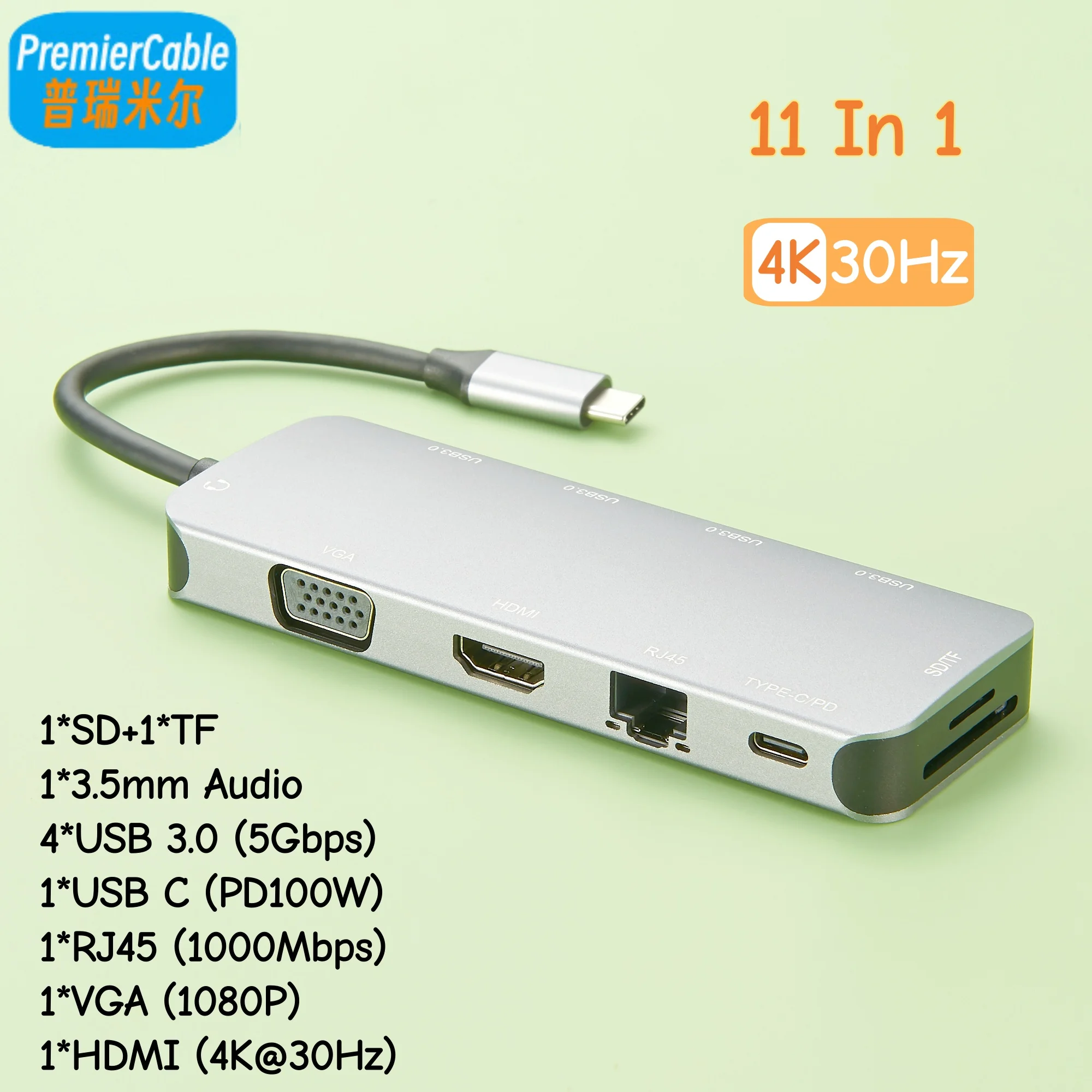 11 In 1 USB C Docking Station Hub USB 3.1 Splitter Multiport Adapter with 4K@30Hz HDMI 1.4 VGA 1000Mbps RJ45 100W