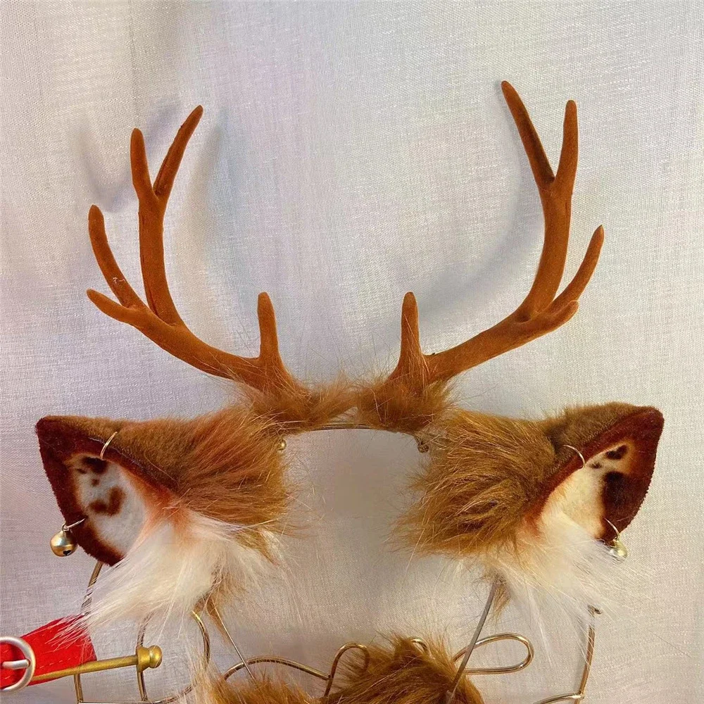 

New Customized Beast Brown Deer Horns Ears Hair Hoop Headwear Bell Earrings Tail Christmas Costume Accessories Hand Made Work