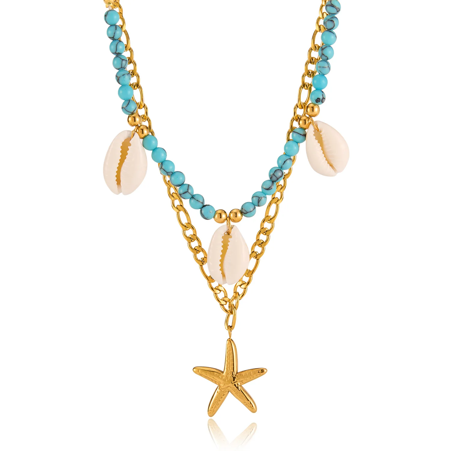 

INS Style Double Layer Necklace for Women – Stainless Steel Starfish & Shell Pendant with Turquoise Stone