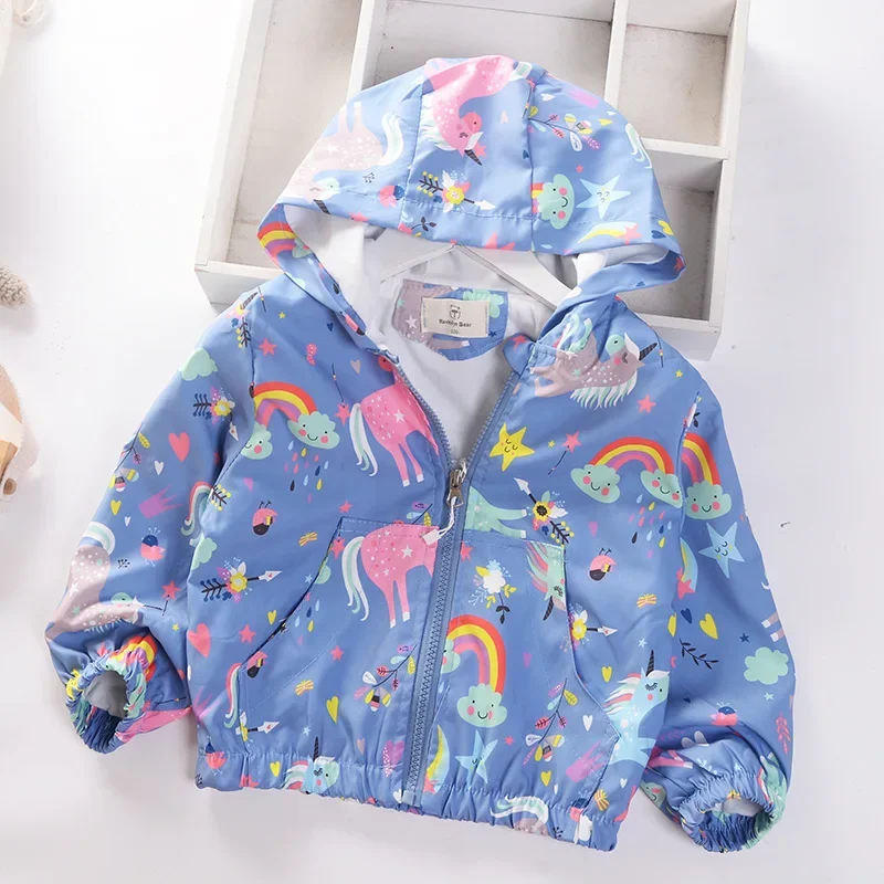 Fall Spring 2024 Cartoon Windbreaker Girls Hooded Stormsuit Children Jacket Cardigan Newborn Kids Coat Baby Outdoor Clothes 2-7y