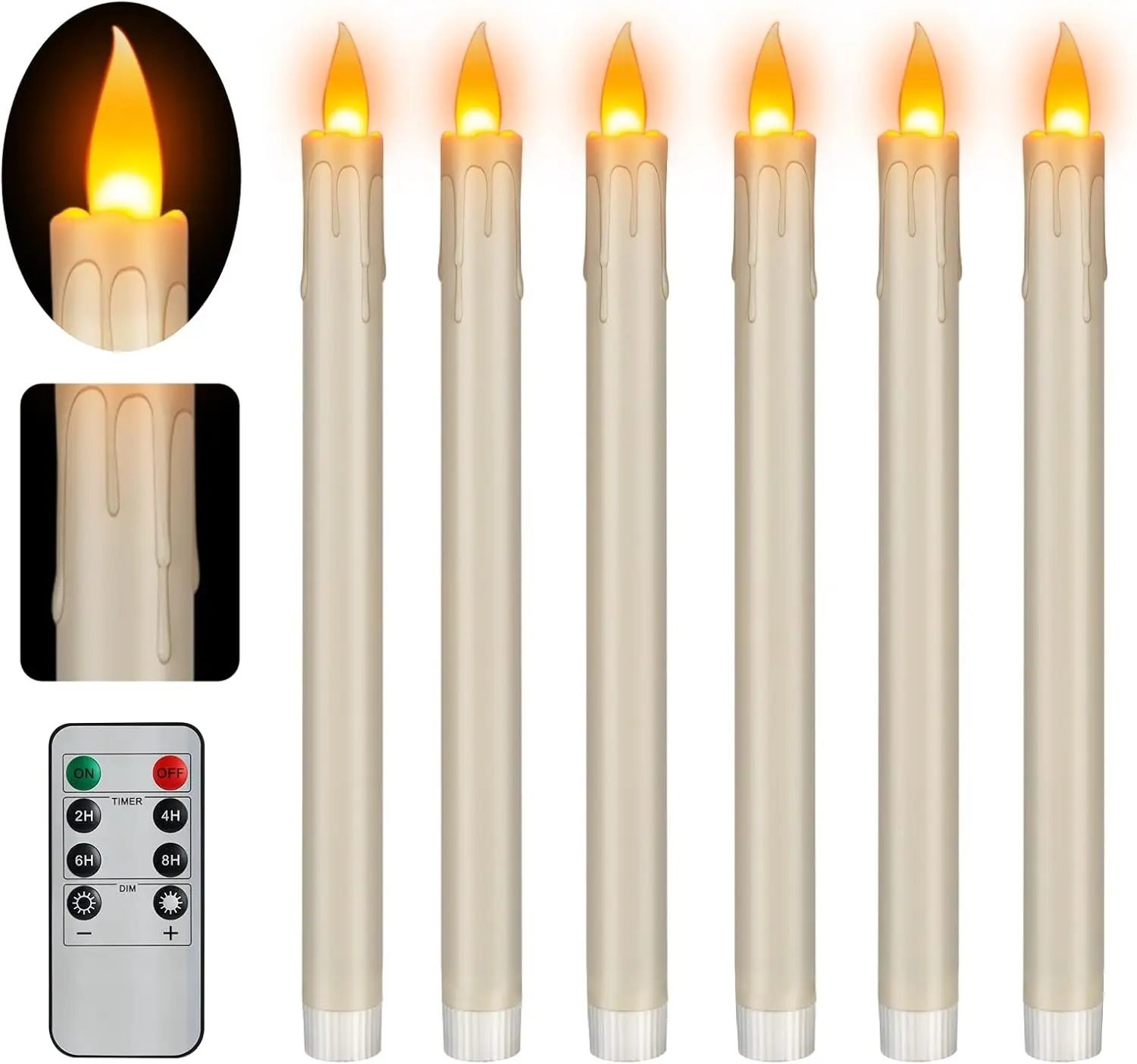 Realistic Flickering Flameless Taper Candles, Battery Operated with Remote & Timer, Safe for Kids & Pets, Ivory 10-Inch, Pack of 6