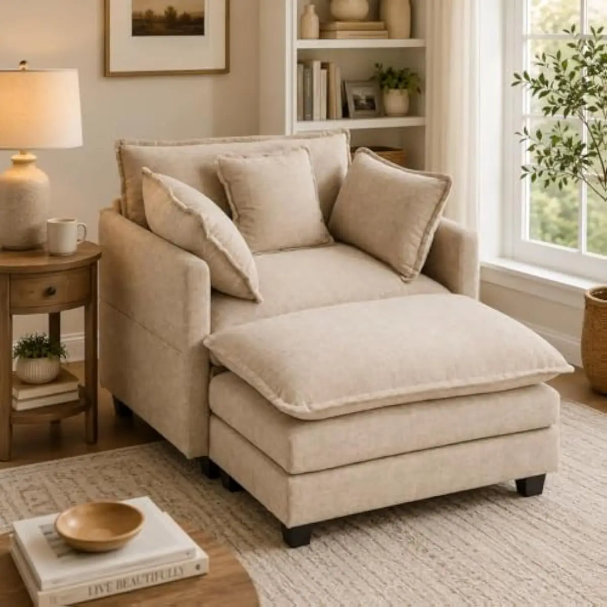 Oversized 41 inch chenille armchair with matching ottoman deep seat support foam cushion wood frame tapered legs living room bed