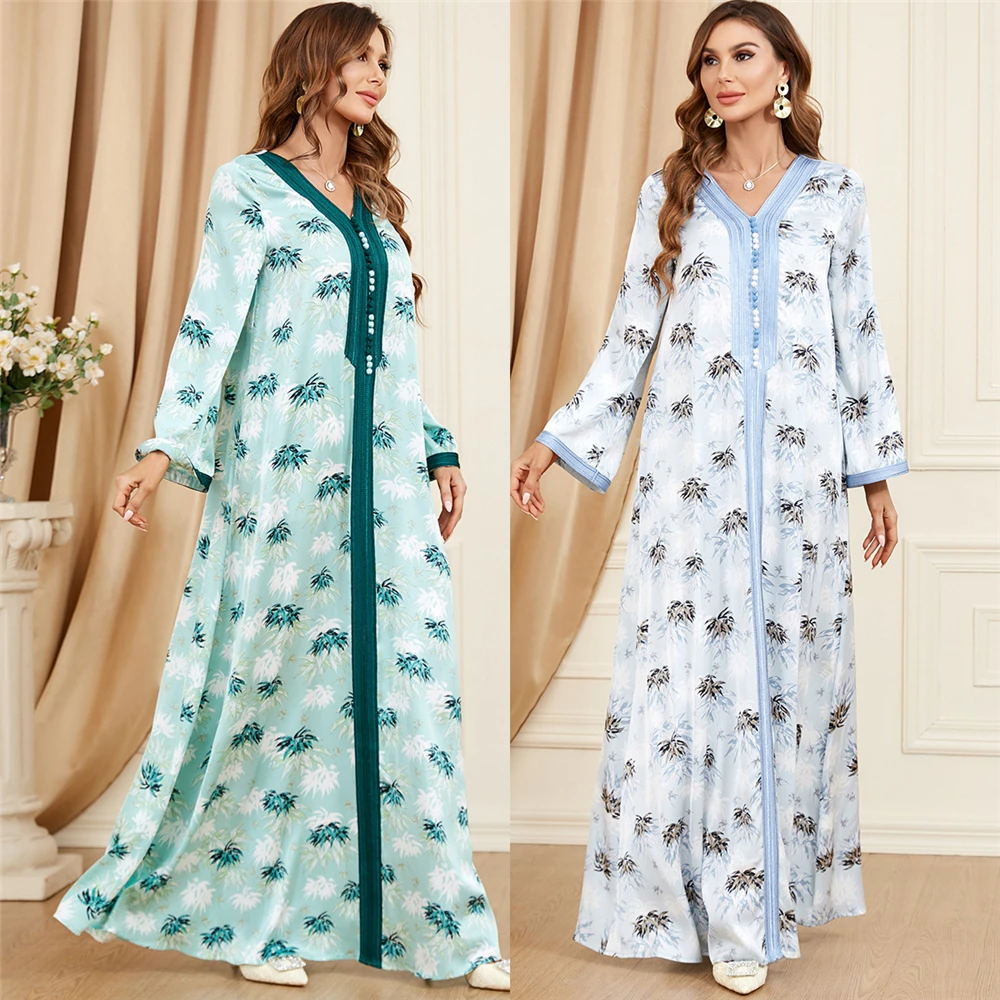 

Eid Mubarak Djellaba Muslim Women Floral Print Maxi Dress Marocain Abaya Dubai Turkey Kaftan Jalabiya Ramadan Party Gown Robe