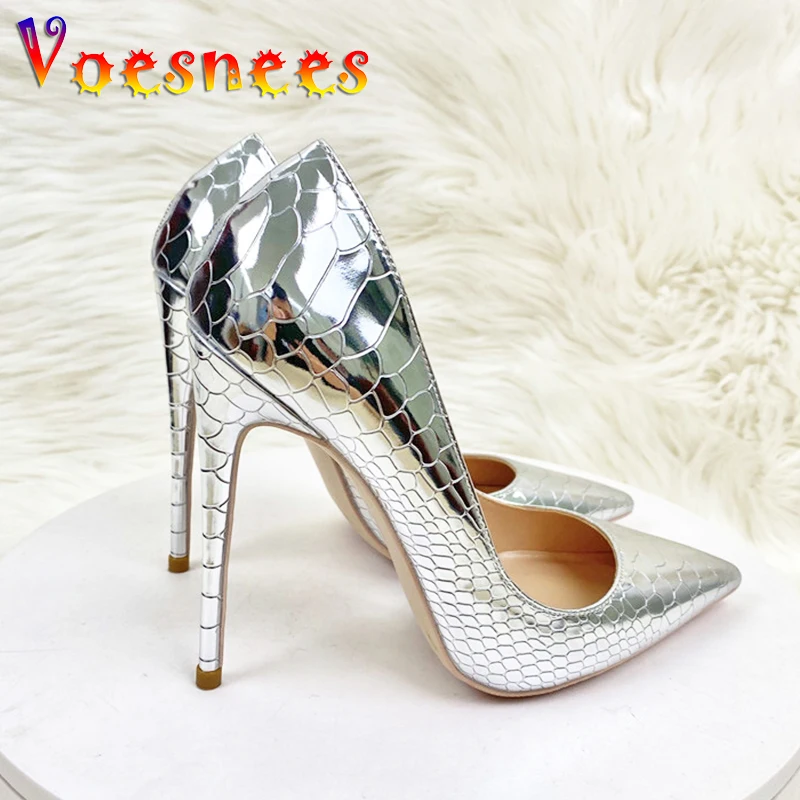 Shiny Silver Women Pumps 8CM 10CM 12CM Fashion Pointed Toe High Heels Elegant Ladies Wedding Bride Shoes Snake Print Stilettos