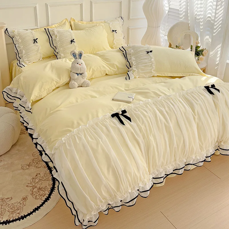 Korean Princess Style Bedding Set Jacquard Double-layer Lace Ruffle Duvet Cover Set with Bedsheet Pillowcase Quilt Cover Set