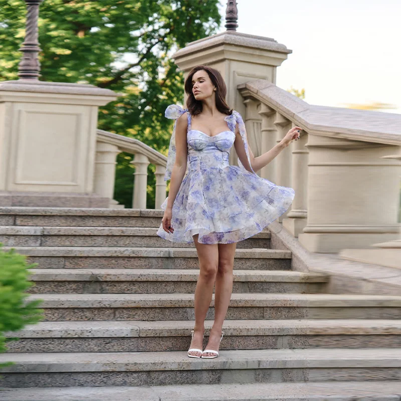 Chic Printed Mini Halter Dress A Line Mesh Lace Up Party Vestidos V Neck High Waist Club Robes Sweet Women Princess Dresses Gown - Image 4