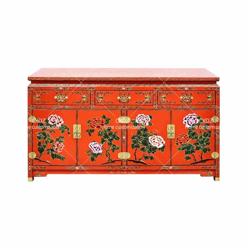 Chinese Lacquer Ware Carved Flower Bird Red Background 3 Drawer 4 Door Cabinet Dining Sideboard Home Furniture Storage