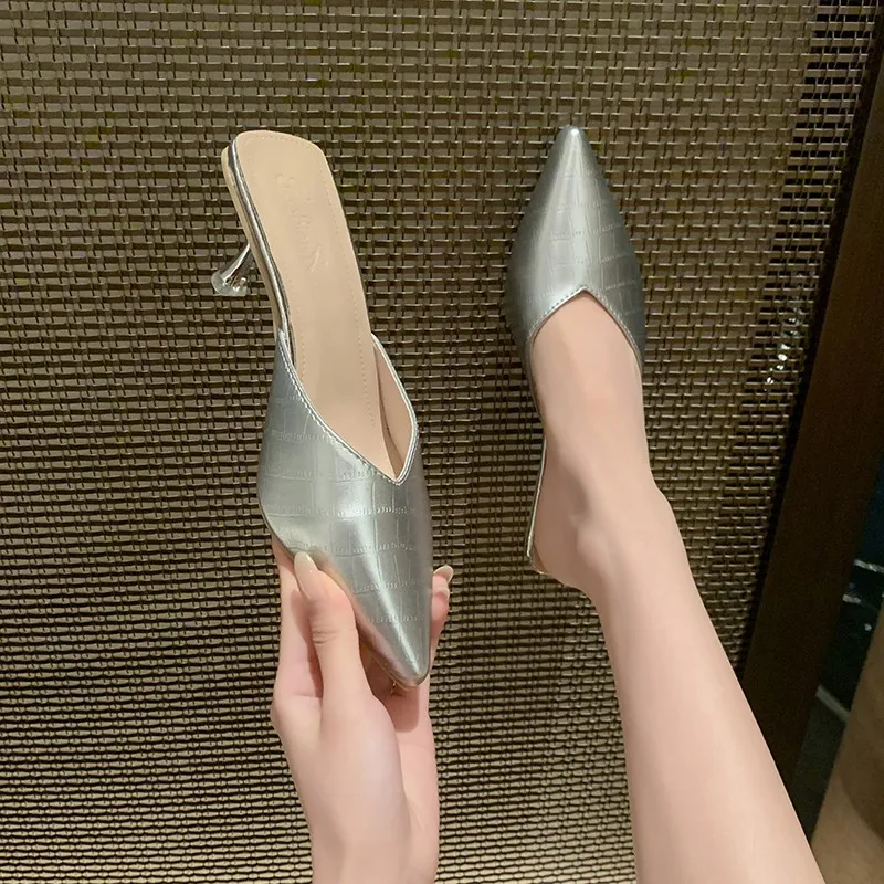 

SUOJIALUN 2026 New Brand Women Slipper Fashion Pointed Toe Slip on Ladies Elegant Mules Shoes Thin High Heel Dress Sandal Pumps