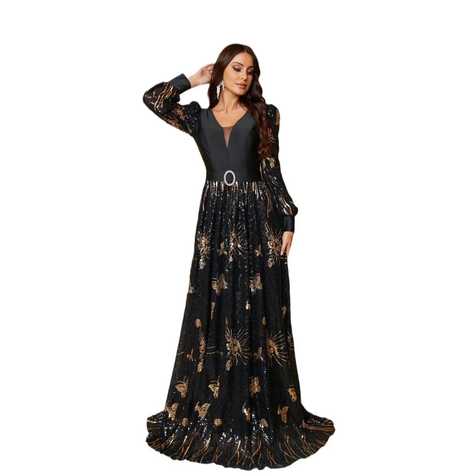 Ele Long Sve V-Ne Sexy Long Sequin Evening Dr Midi Skirt Par Dr High Waist Slim Fit Polyester Wedding Dr