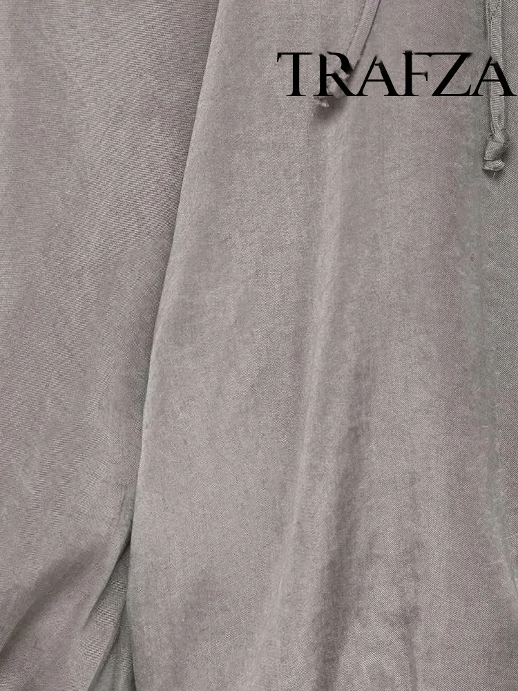 HH Chaqueta de piloto ajustada de manga larga con cremallera y solapa con cordón para mujer + pantalones con bolsillos textura satinada conjunto elegante de 2 piezas de verano sólido