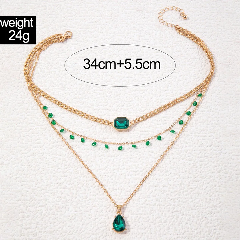 Tocona Classic Luxury Green Crystal Stone Layered Necklace for Women Temperament Alloy Metal Ajustable Jewelry Collar 24595