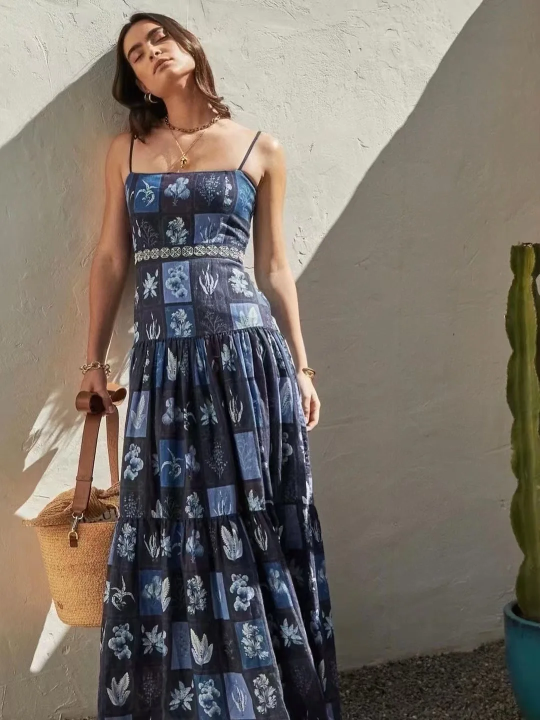 

EVACANDIS 100% Linen Blue Women New Printing High Quality Spaghetti Strap Luxury Midi Dress Embroidery Vintage Sweet Bohemian