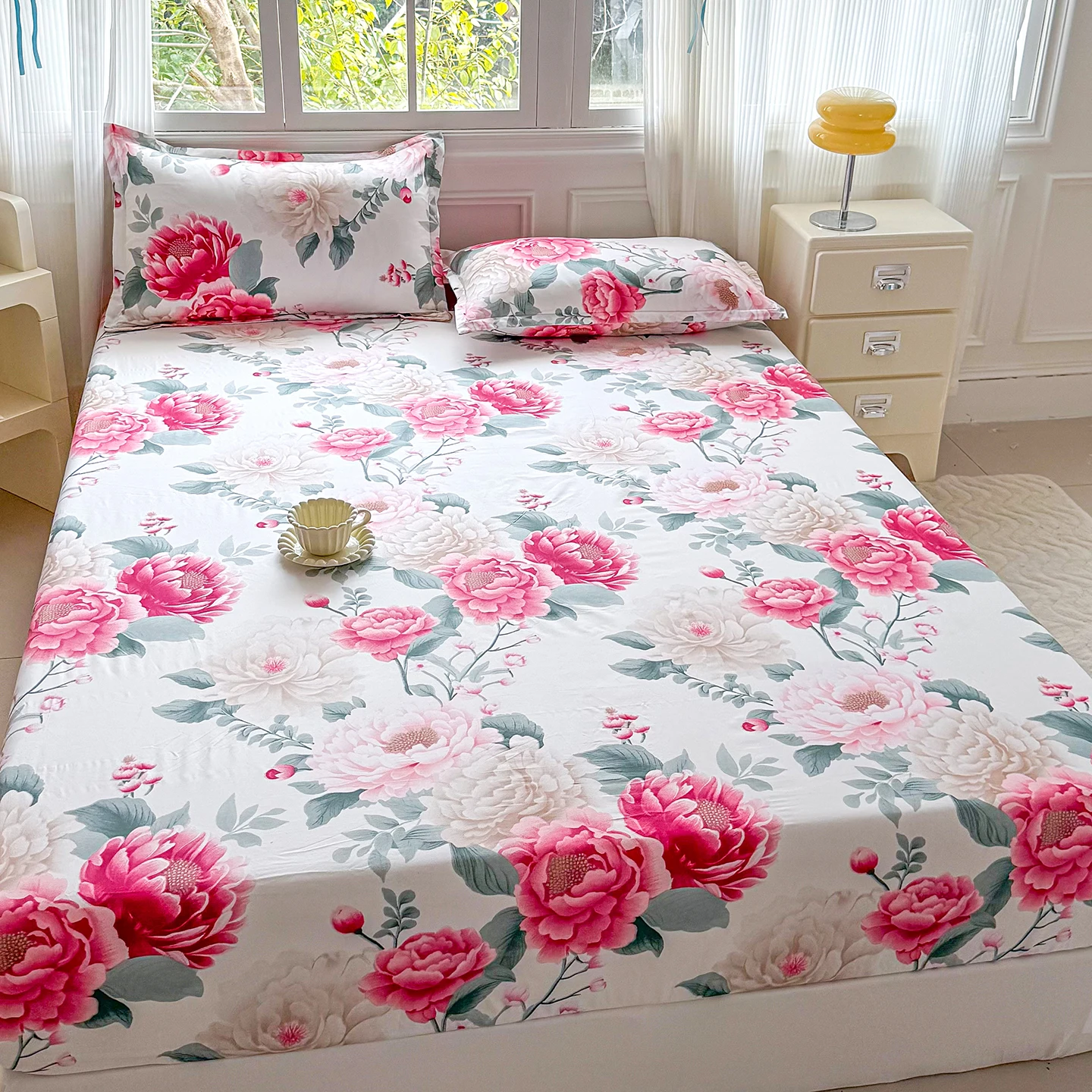 Flower Printed Fitted Sheet with Elastic Single/Twin/Queen/King Sabana Para Cama Skin-friendly Fitted Bed Sheet Roupa De Cama