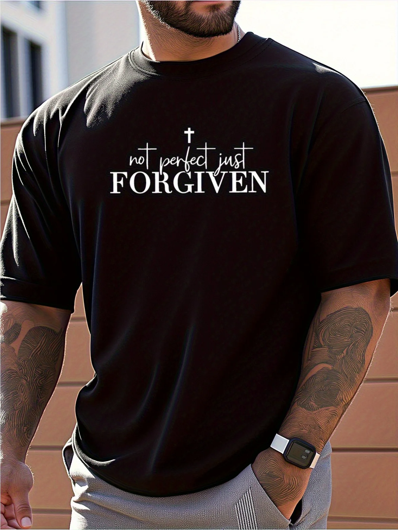 

Men's T-Shirt - Black Religious Graphic Tee with "Not Perfect Just FORGIVEN" Cross Print - Heavyweight 100% Cotton Shirt for Gym