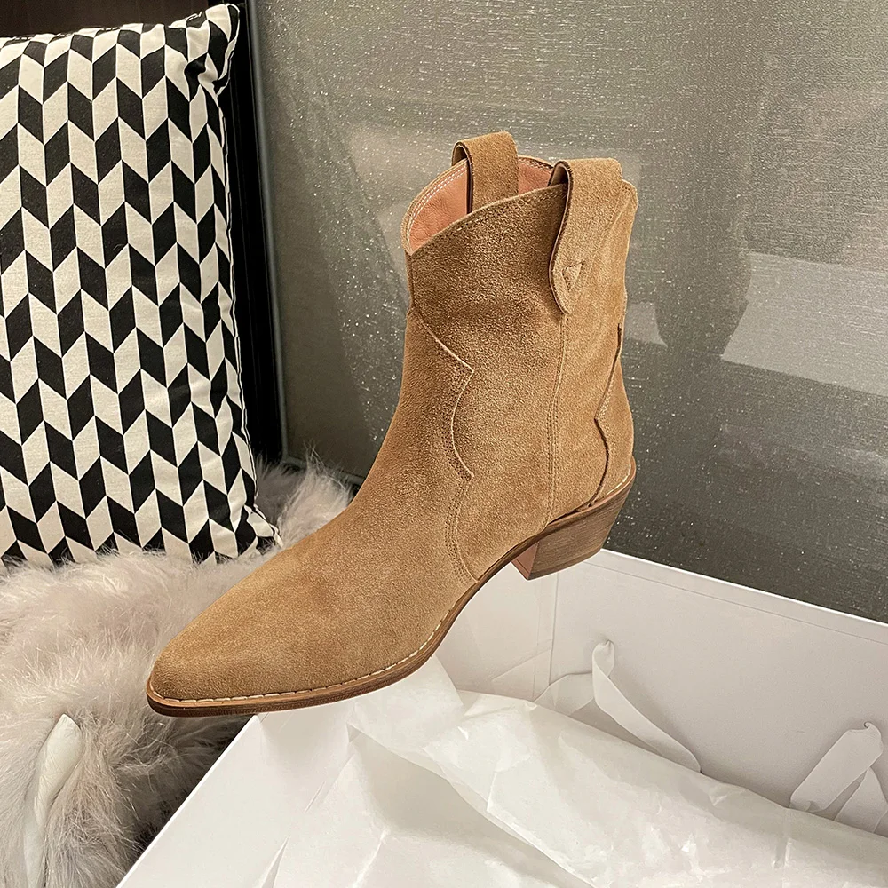 2023 Classic Western Boots for Woman Cow Suede Pointed toe Wedges Heel Ankle Boots Simple Comfortable Cowboy Boots Female