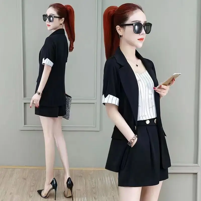 Fashionable Women\'s Set New Korean Version High-end Stylish Thin Style Short Sleeved Shorts Professional Suit Three Piece