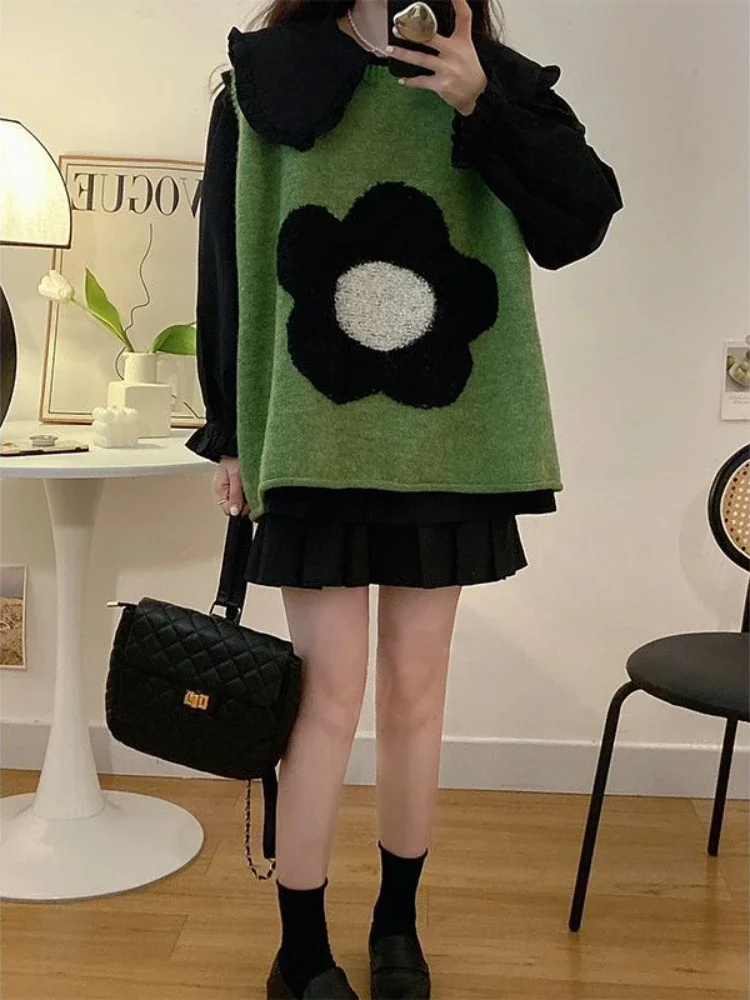 Green Lady Sweaters Flowers Knit Vests for Women Loose Pullover Waistcoat Casual Aesthetic Tops 2024 Y2k Autumn Winter Wool Warm