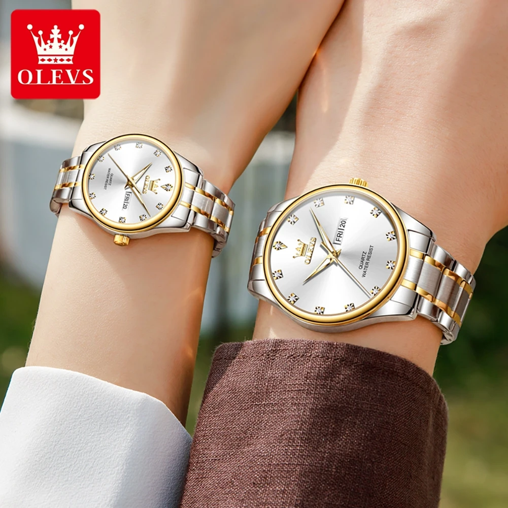 OLEVS Brand Fashion Quartz Couple Watch Diamond Dial Luxury Watch For Men Women Stainless Steel Strap Waterproof Lovers Watches