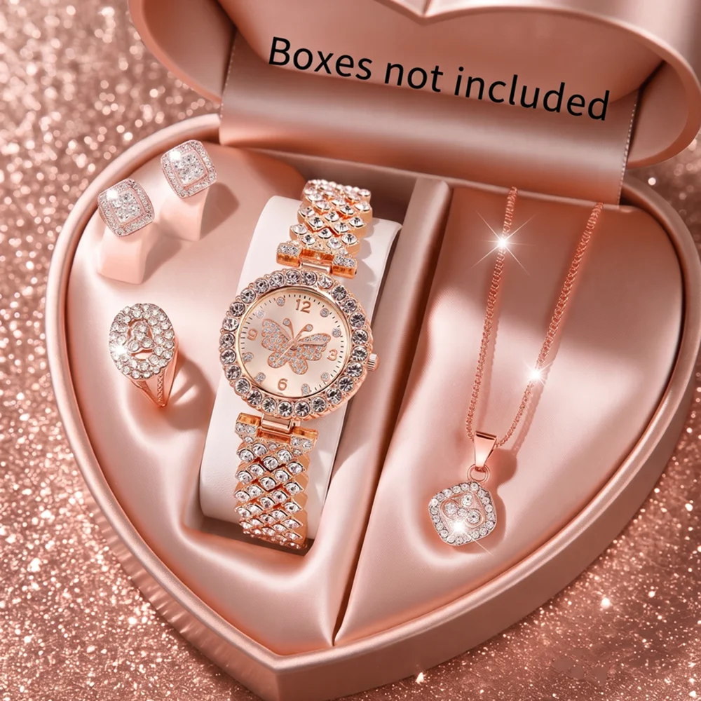 5Pcs/Set Unisex Jewelry Watches Women's Wristwatch Accessories Rose Gold Fashion Business Elegant Trendy Classic Exquisite Retro Light Luxury Rhinestone Luxury Bracelet Watch Set Y2K Suitable for Travel, Vacation, Parties, Daily Outfits, and Our Holiday Gifts