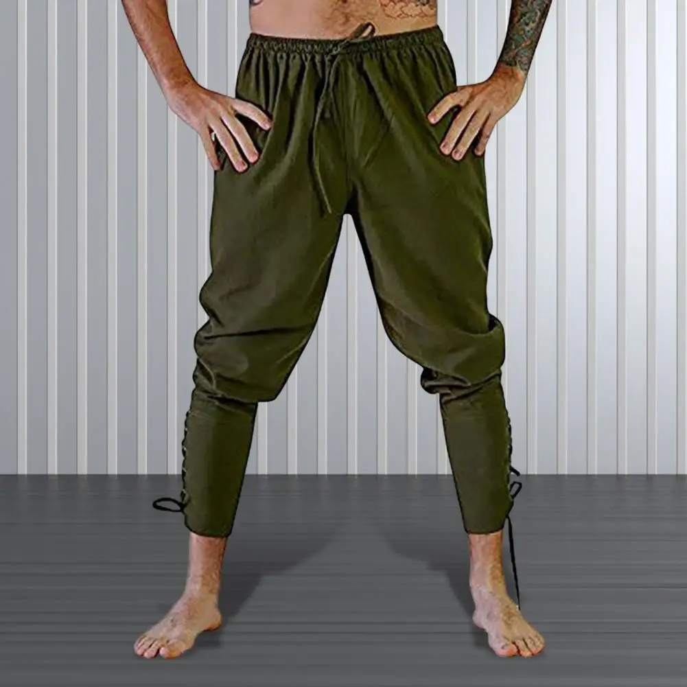 Medieval Pants Regular Fit Men Trousers Medieval Pirate Men's Ankle-banded Lace-up Pants with Elastic Waist Pleated for Cosplay