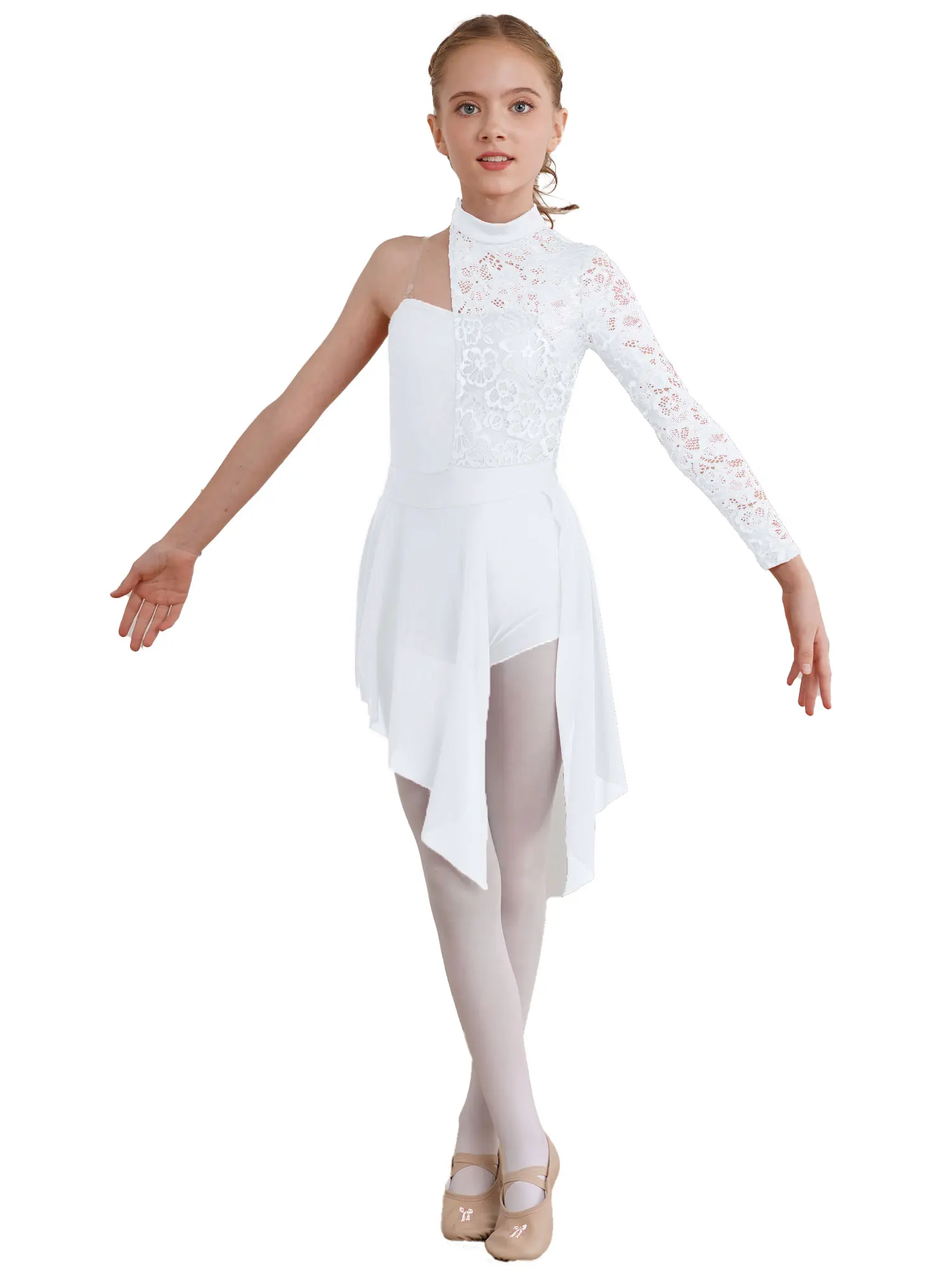 Vestito da ballo lirico per bambina, pizzo floreale, monospalla, asimmetrico, pattinaggio di figura, ginnastica, body, tuta intera