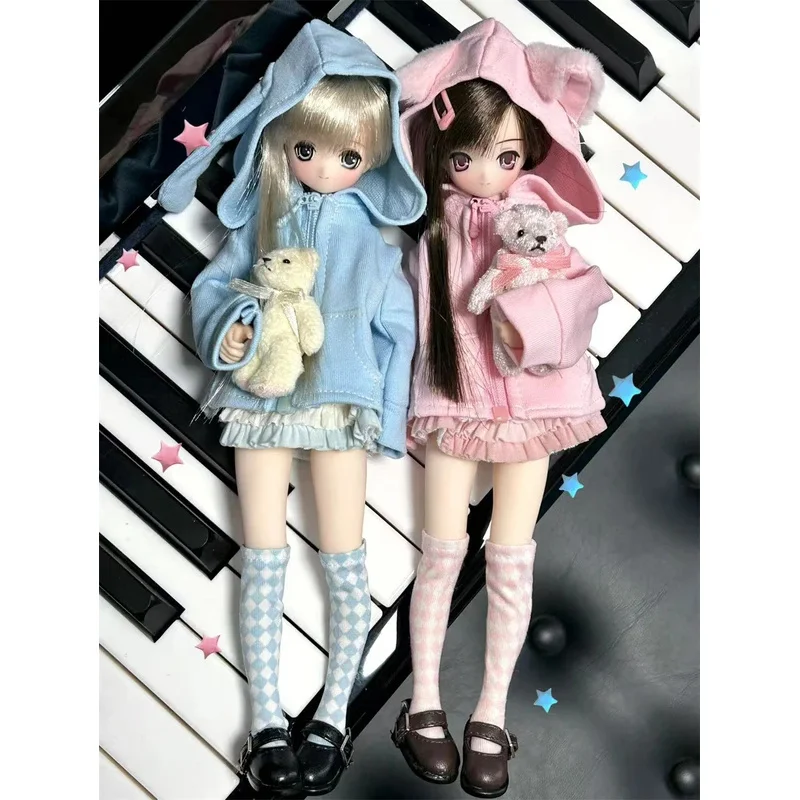 

Одежда для кукол BJD, подходящая для размера Azone OB24, куртка на молнии с ушками кролика и кошки, комплект с юбкой и аксессуарами.