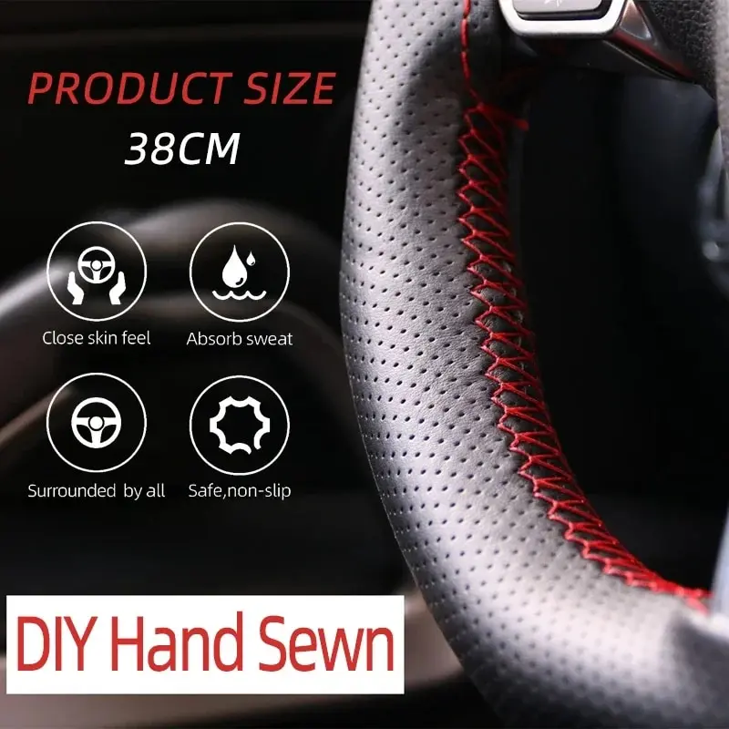 Universal Leather Car Steering Wheel Stitch On Wrap Cover Fit for 38cm 14\