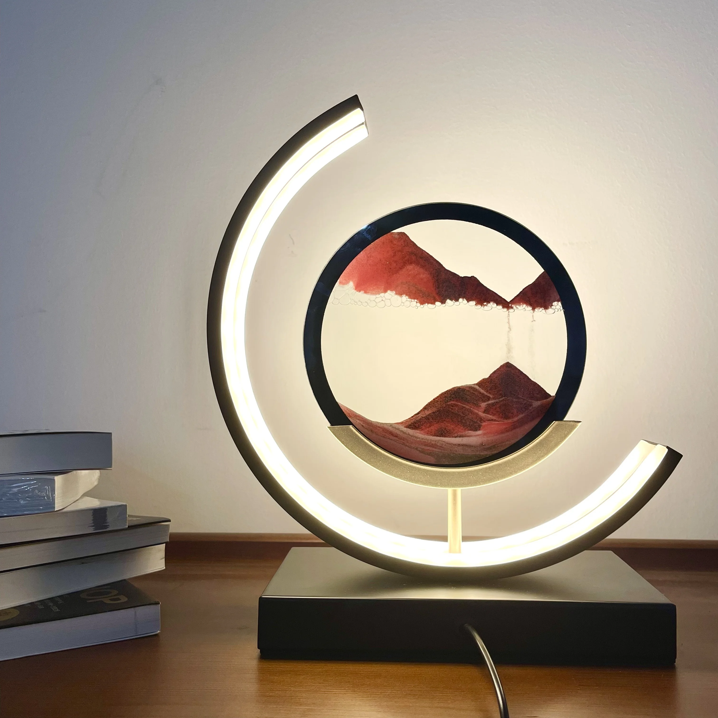 Moving Sand Art Picture In Motion, 3D Sand Lamp Round Sand Picture Lamp 3 Colors Sand Art Light With Stand Relaxing Desktop