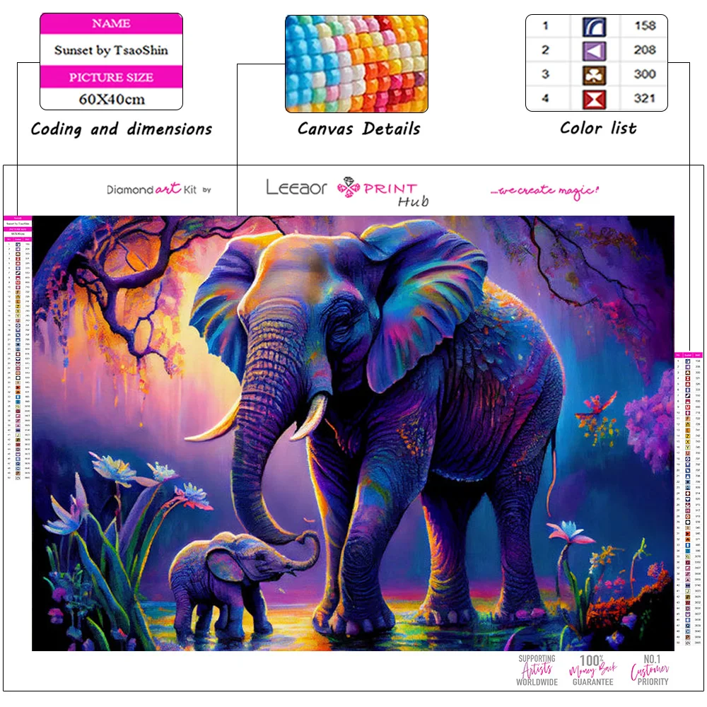 Pintura de diamantes 5d Diy, elefante del bosque de fantasía, mosaico de animales de dibujos animados, Kits de punto de cruz de diamantes de imitación, decoración del hogar