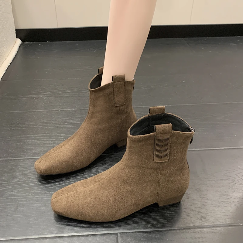 

Women's Vintage Chunky Heel Ankle Boots Autumn Winter Pointy Square Head Suede Back Zipper Soft Sole Non-slip Short Boots 2025