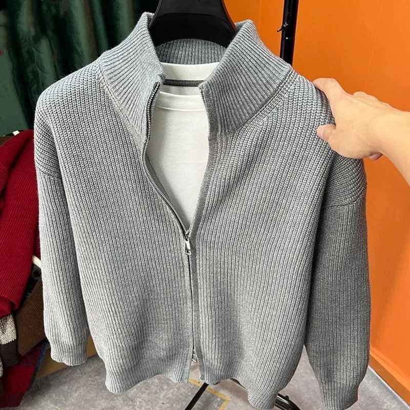 Cardigan solid color zipper sweater men's knitted sweater autumn winter slim jacket men's stand-up collar half-high outer fit