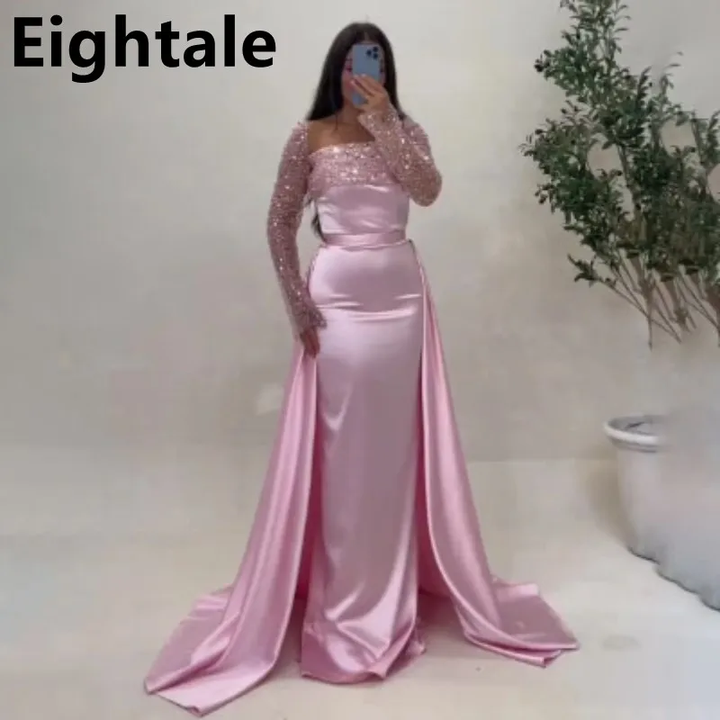 Eightale 2025 Pink Mermaid Satin Evening Dress Removable Skirt Sequin Long Sleeve Prom Dress Dubai Formal Party Gown