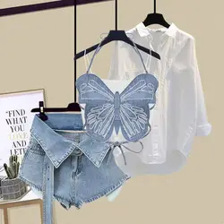 Women Summer Sexy Suit Shirt Bow Vest Crop Top And Denim Short Three Piece Set 2023 High Street Matching Outfit Y2K Clothing