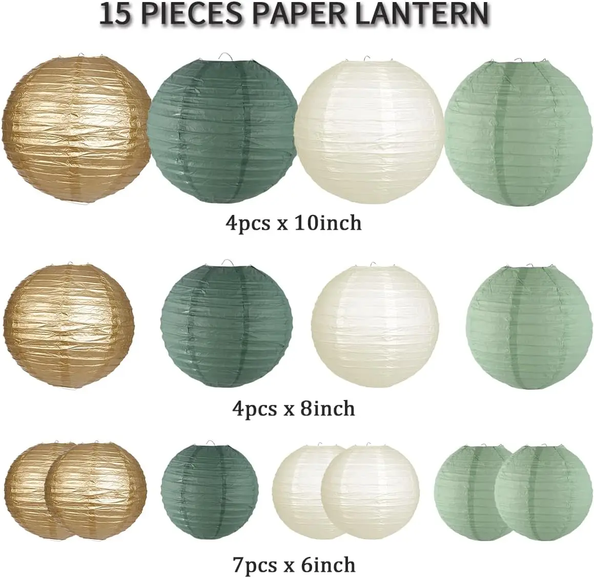 Lanternes en Papier pour Décoration Rustique, Fournitures de ixd\'Anniversaire, Vert Sauge, Or/Ivoire/Vert Sauge, 15 Pièces