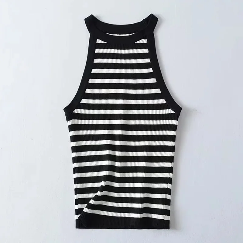 TRAF Vests Women Crop Stripe Knitted Vest Off Shoulder Red Black White Vest Woman Casual Sleeveless Short Sweaters Knit Vest Top