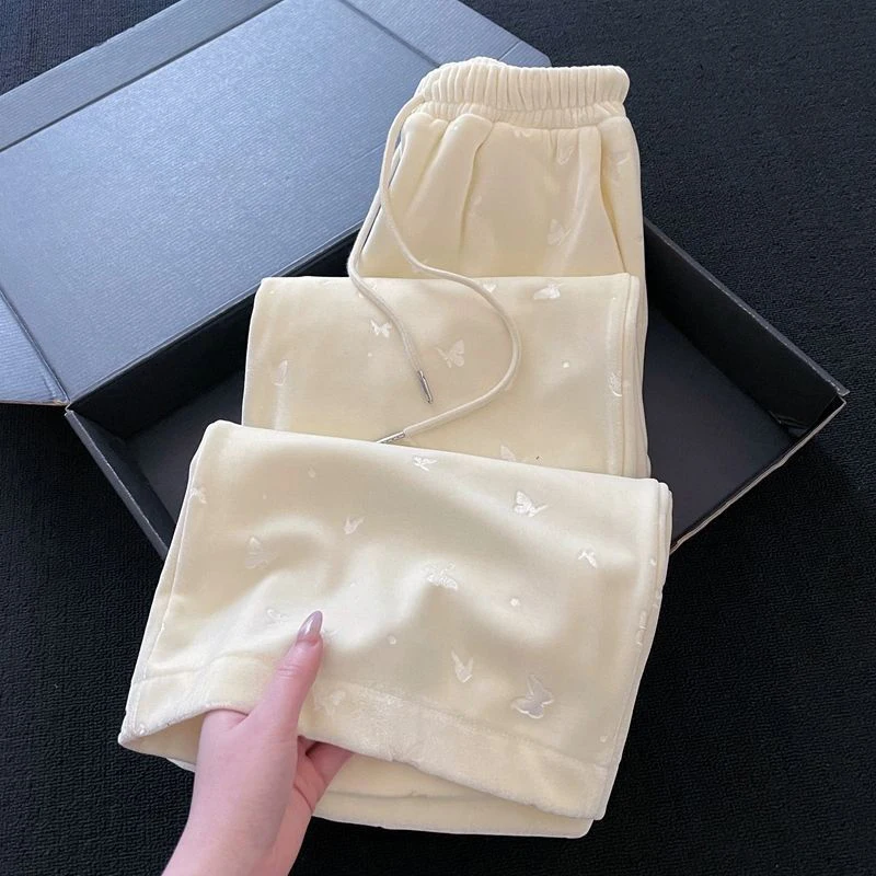 Lazy Wind Wide Leg Pants Women Casual Butterfly Embossed Loose Straight Trouser Fall Winter Velvet Elastic Waist Trouser New