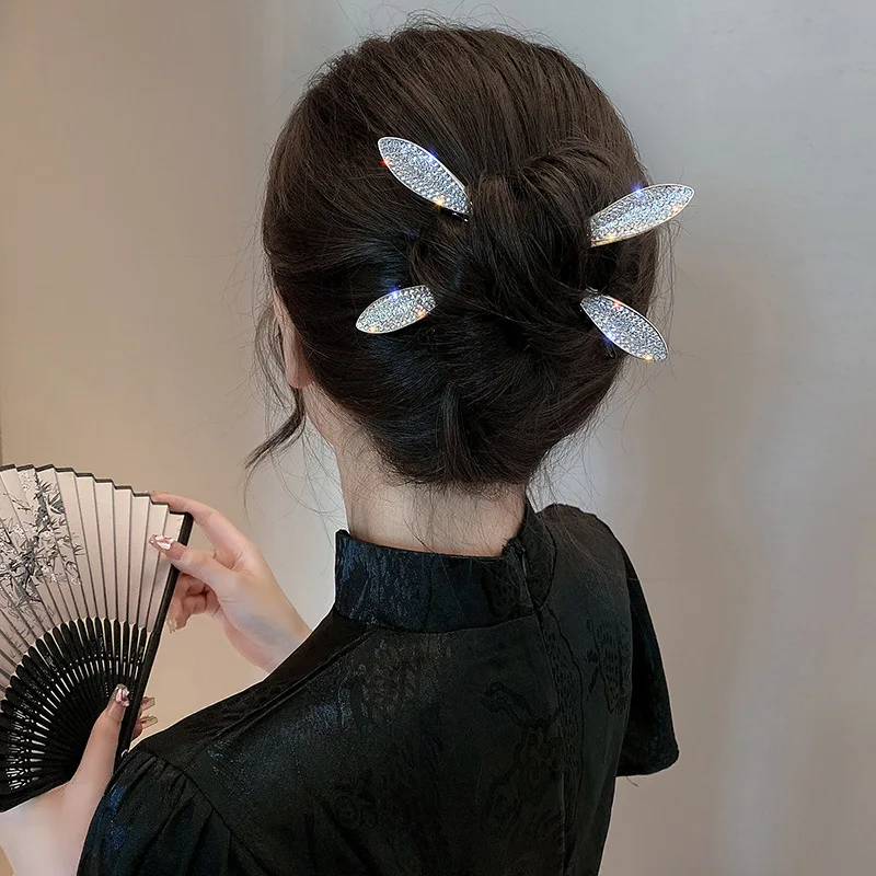 Shiny Crystal Double Pointed Hairpin Hanfu Hair Sticks Metal Hairpin Ancient Headwear Elegant Hair Accessories Tool