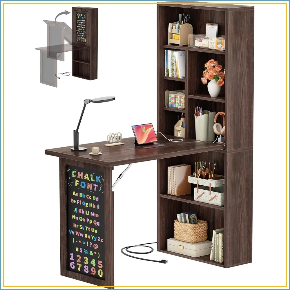 Small Folding Desk with Outlets, Fold-Out Murphy Desk Craft Table for Home Office