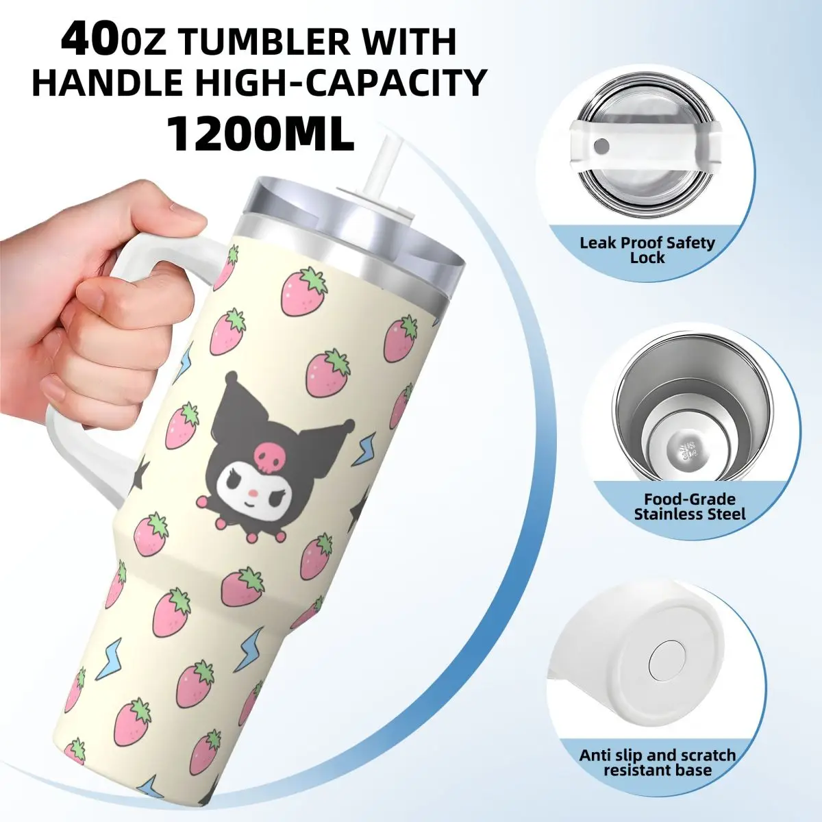 Sanrio Kuromi Kawaii Stainless Steel Tumbler Travel Coffee Mug With Straws and Lid Large Capacity Mugs Cup Drinks Water Bottle