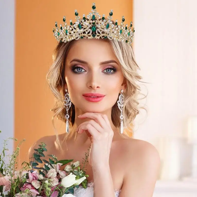 Birthday Tiara for Women Queen Tiara Princess Crown Green Gold Rhinestone Crown with Sash Princess Headband Hair Accessories