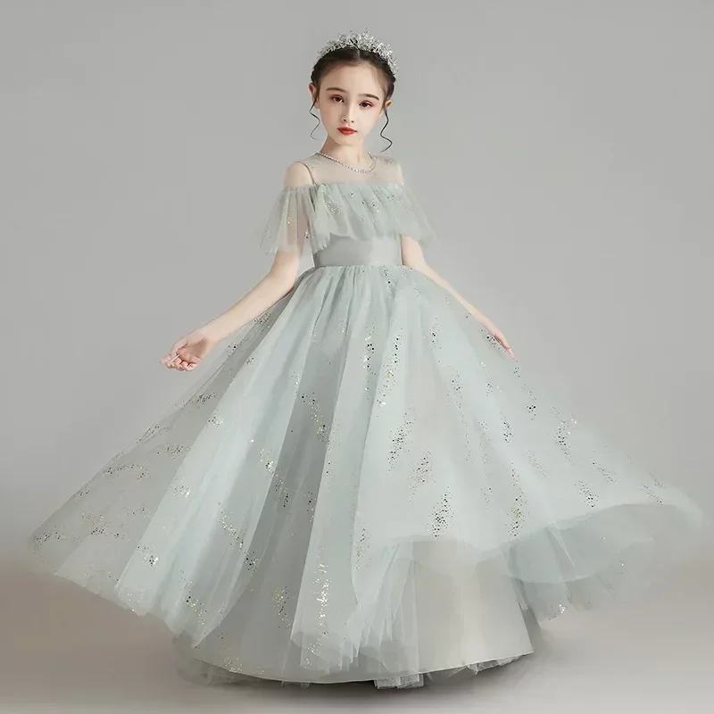 Children's Dress Spring New Fluffy Yarn Flower Children's Fashionable Little Girl Host Walk Show Performance Dress