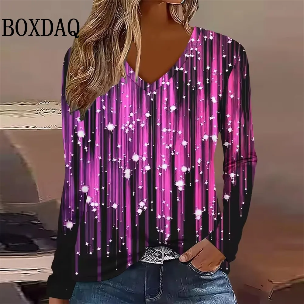 

Осенняя женская футболка, повседневная футболка с длинным рукавом и градиентным узором, уличная одежда с v-образным вырезом, женская одежда больших размеров, уличная зимняя одежда