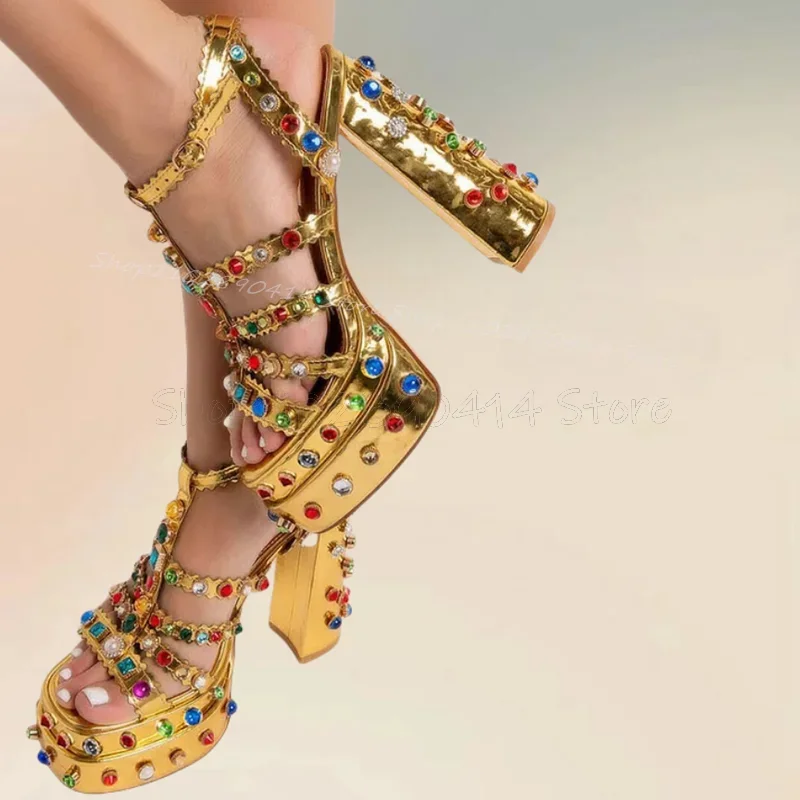 

Colorful Jewel Gold Open Toe Platform Sandals Ankle Buckle Strap Women Shoes Chunky High Heels Fashion 2025 Zapatos Para Mujere