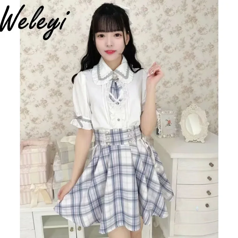 Jirai Kei Clothes Ropa De Mujer Tie Bow Shirts Kawaii Tops Y2k Skirt Summer New in Japanese Fashion Love Student Jk Uniform Suit