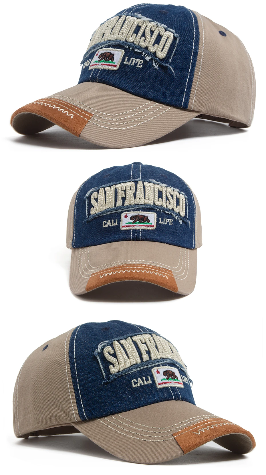 California Bear Baseballkappe für Herren und Damen, gewaschener Denim, Retro-Buchstabe, bestickte Mütze, Sommer, Hip-Hop-Snapback für den täglichen Gebrauch, lässig – Detail 7