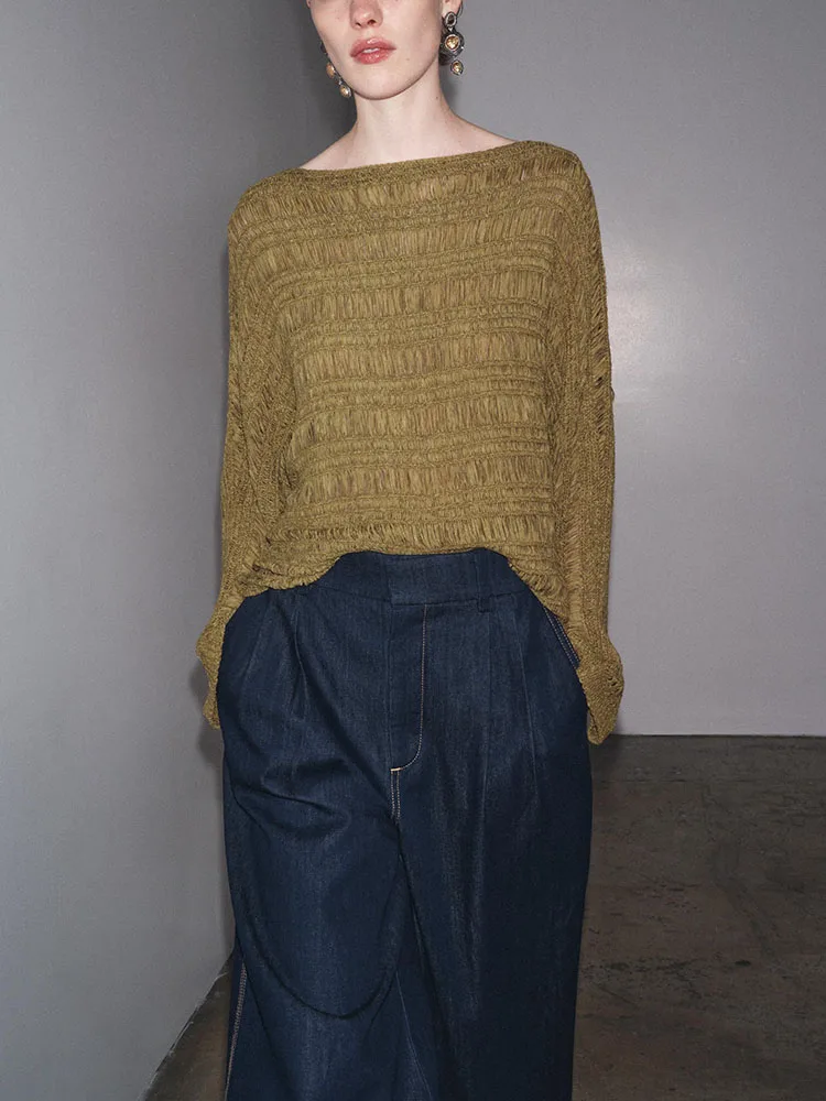 

New Autumn Women's Loose Long Sve Knitted Sweater One-oulder Belt Decorative All-Match Commute Sle Pure Color